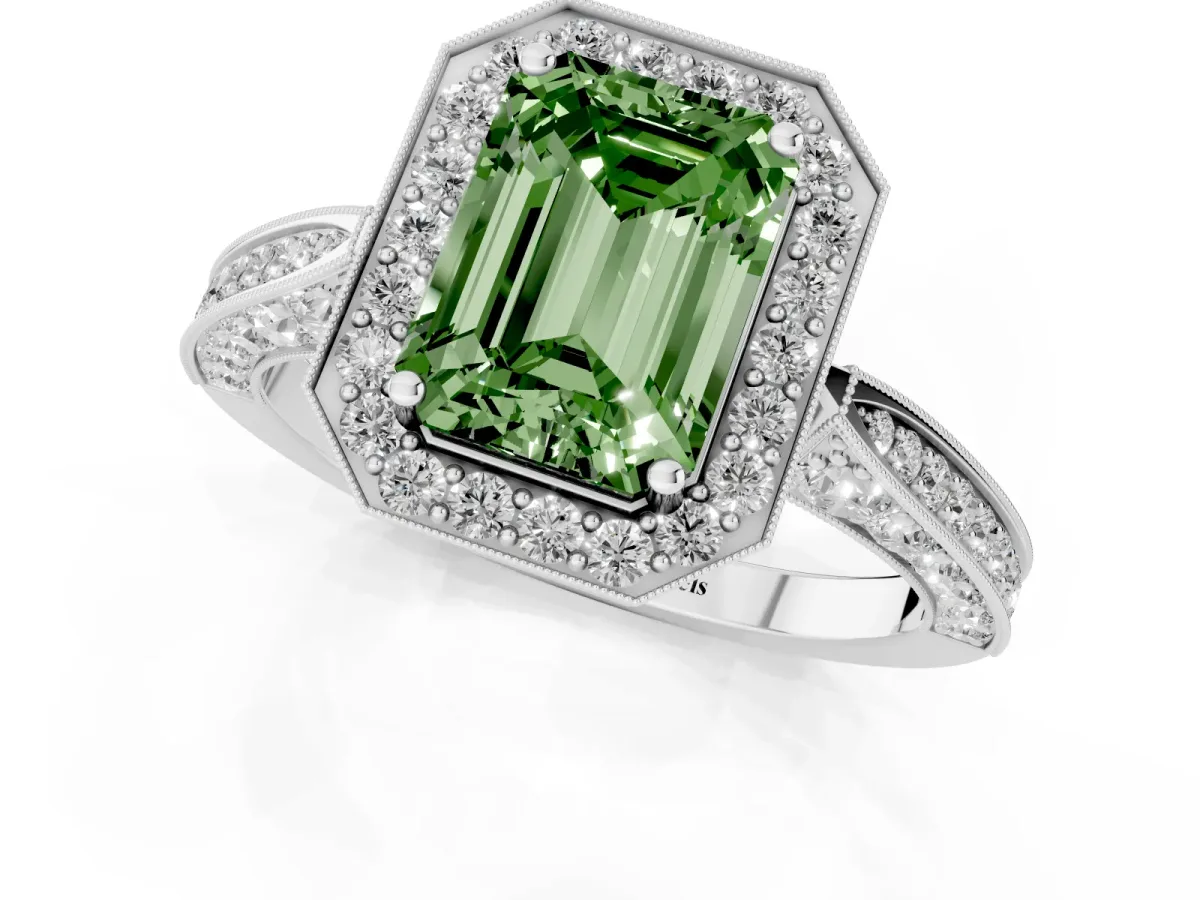 Fancy Green Emerald Cut Halo Diamond Engagement Ring with Split Shank Band and Four-Prong Setting Silver