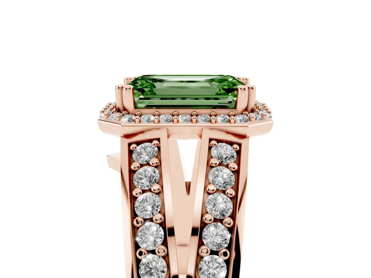 Fancy Green Emerald Cut Diamond Halo Ring with Split Shank Pavé Band and Four-Prong Setting Rose gold