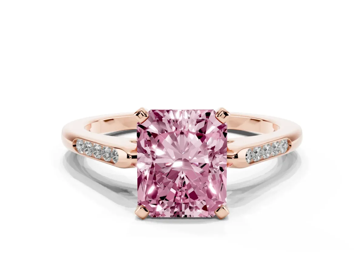 Fancy Pink Radiant Cut Diamond Solitaire Ring with Channel Set Round Band and Prong Setting Rose gold
