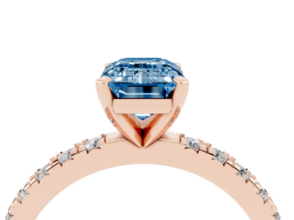 Fancy Blue Emerald Cut Diamond Pavé Band Solitaire with Four-Prong Setting Rose gold