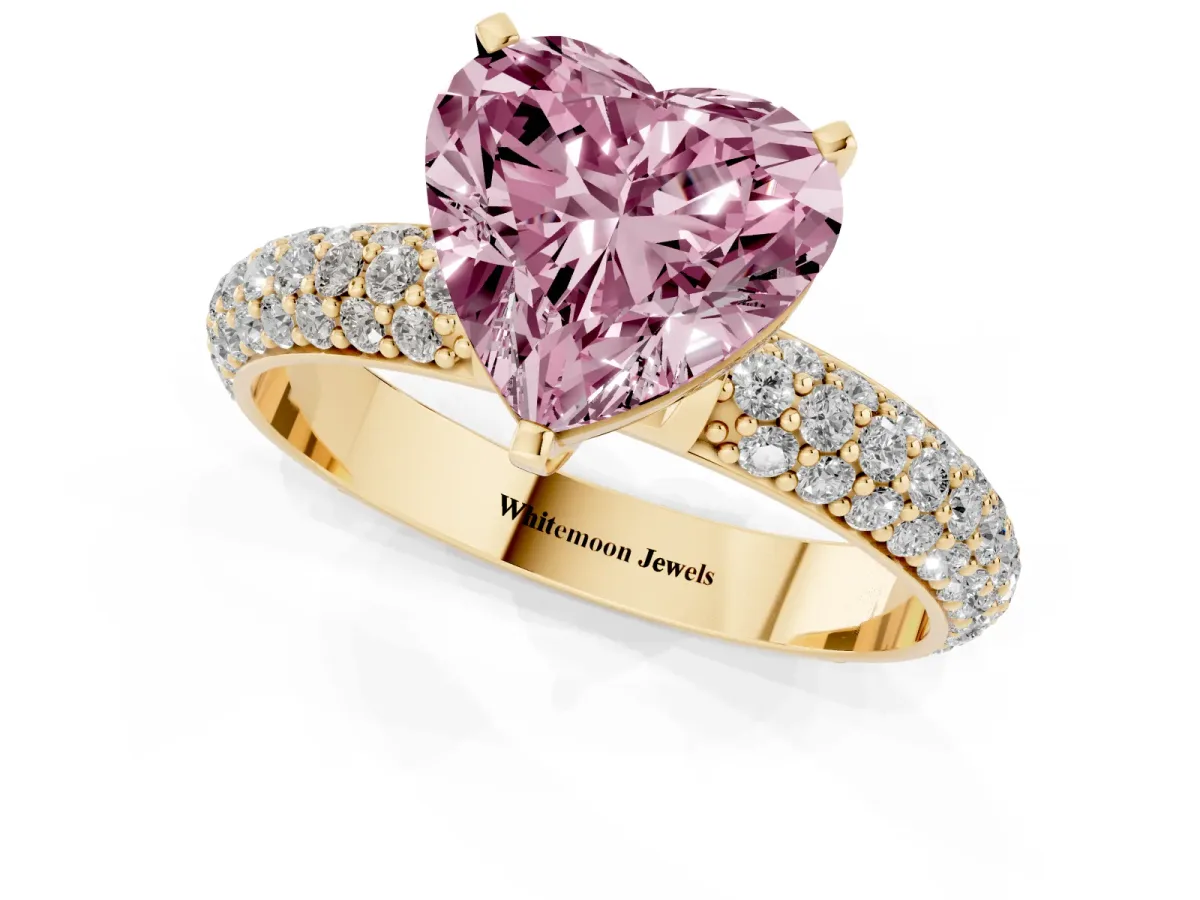 Fancy Pink Heart Cut Diamond Solitaire Ring with Prong Setting and Pavé Band Yellow gold