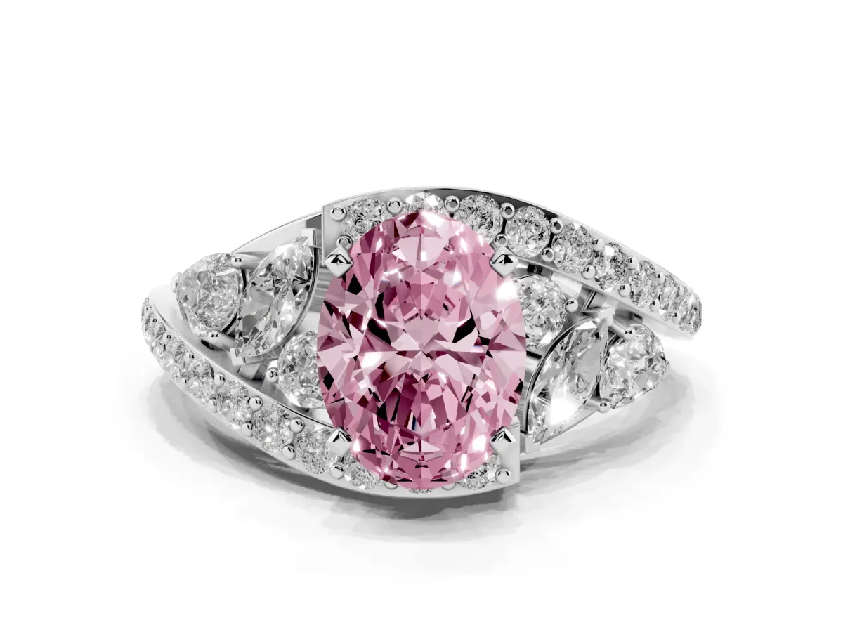 Fancy Pink Oval Cut Diamond Halo Ring with Marquise and Pavé Band in Prong Setting White gold