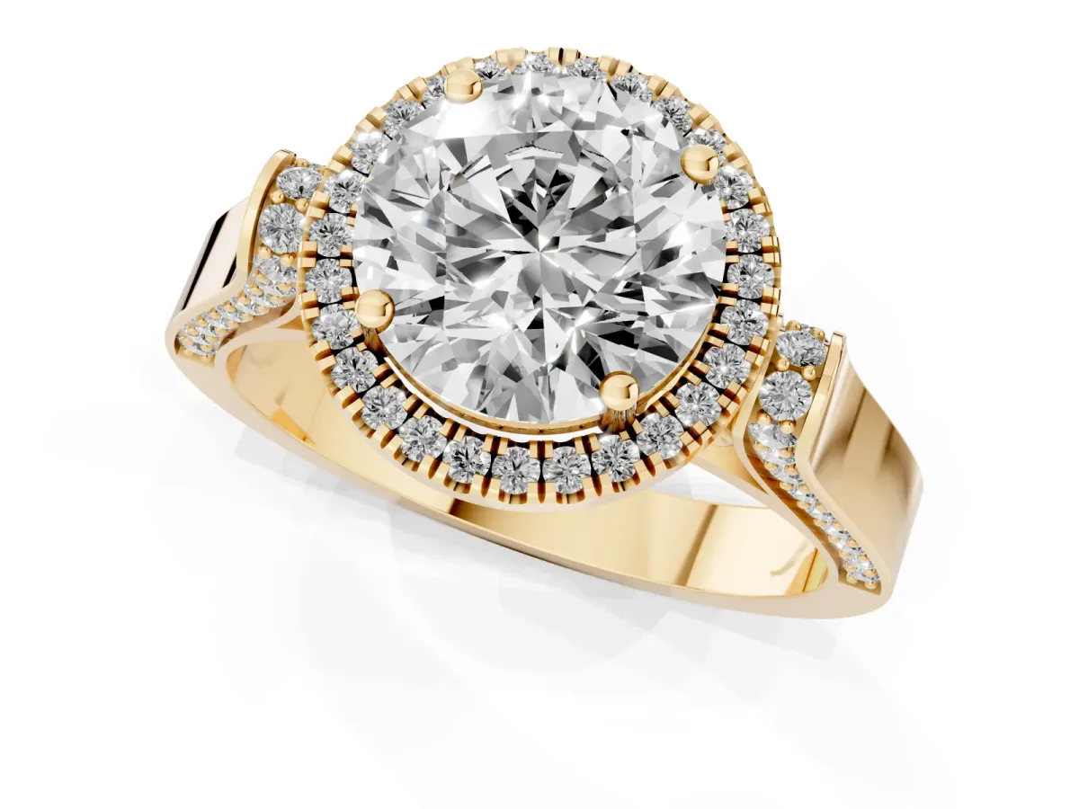 Round Cut Halo Pave Split Shank Prong Setting Ring Yellow gold