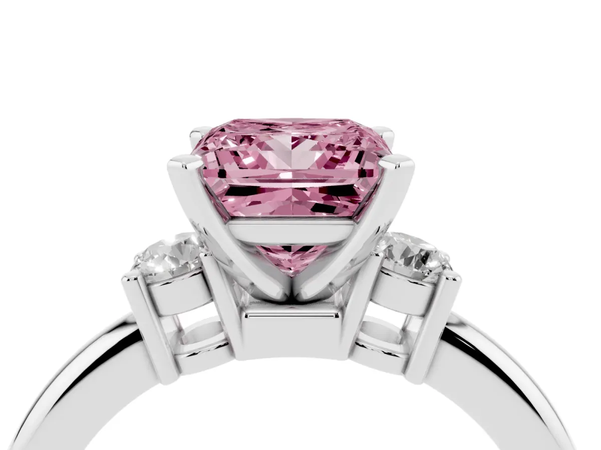 Fancy Pink Three-Stone Princess Cut Cut Diamond Solitaire with Prong Setting and Classic Band Silver
