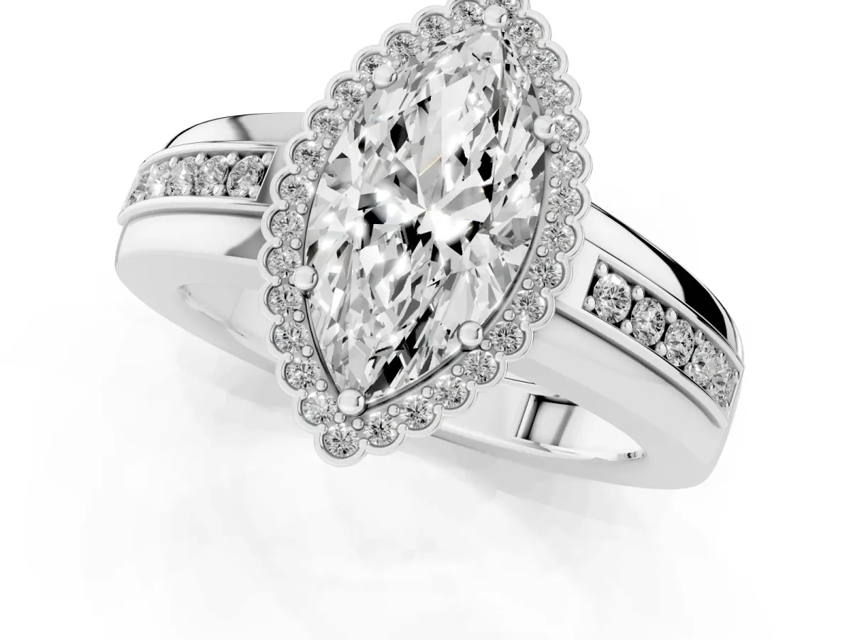 Marquise Cut Cut Halo Pave Band Four-Prong Ring White gold