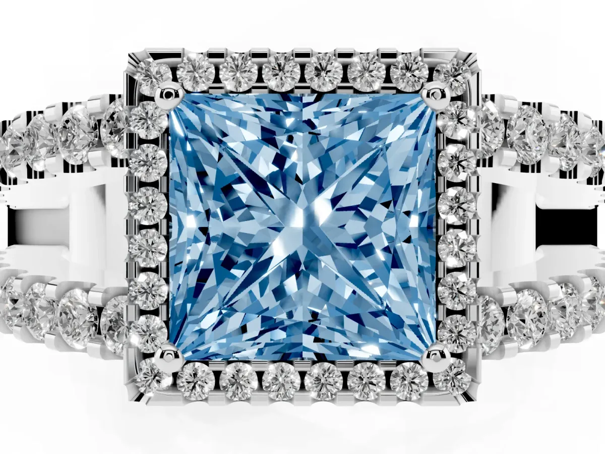 Fancy Blue Princess Cut Cut Halo Split Shank Diamond Ring with Four-Prong Setting Silver