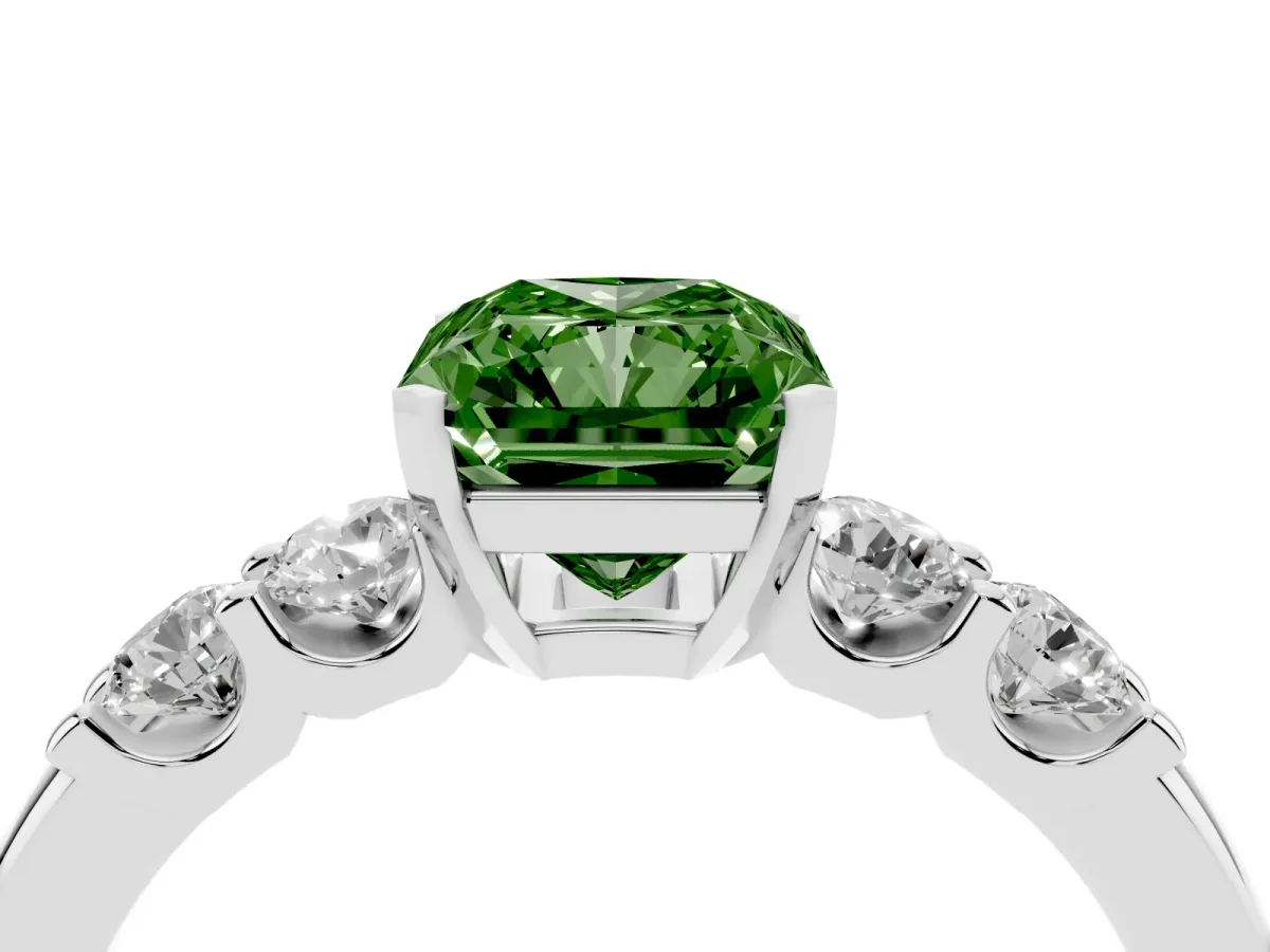 Fancy Green Radiant Cut Brilliant Cut Diamond Five-Stone Prong Set Engagement Ring with Channel Band Platinum