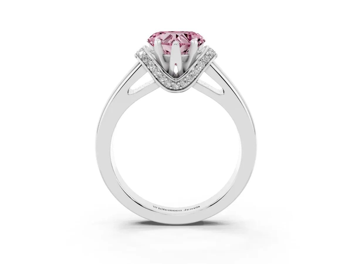 Fancy Pink Heart Cut Solitaire Diamond Ring with Pave Band and Six-Prong Setting Platinum