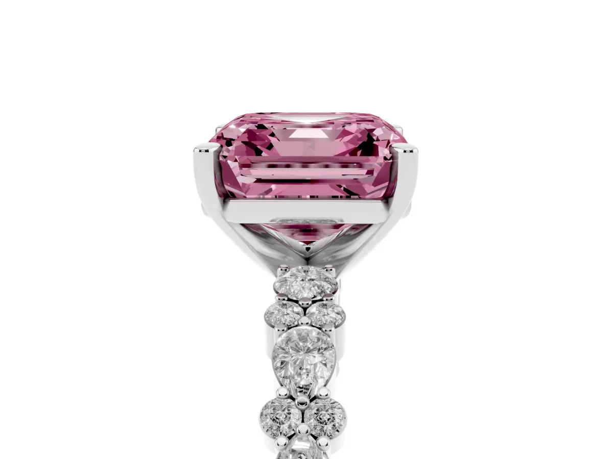 Fancy Pink Asscher Cut Diamond Side Stone Solitaire Ring with Round and Four-Prong Setting Platinum