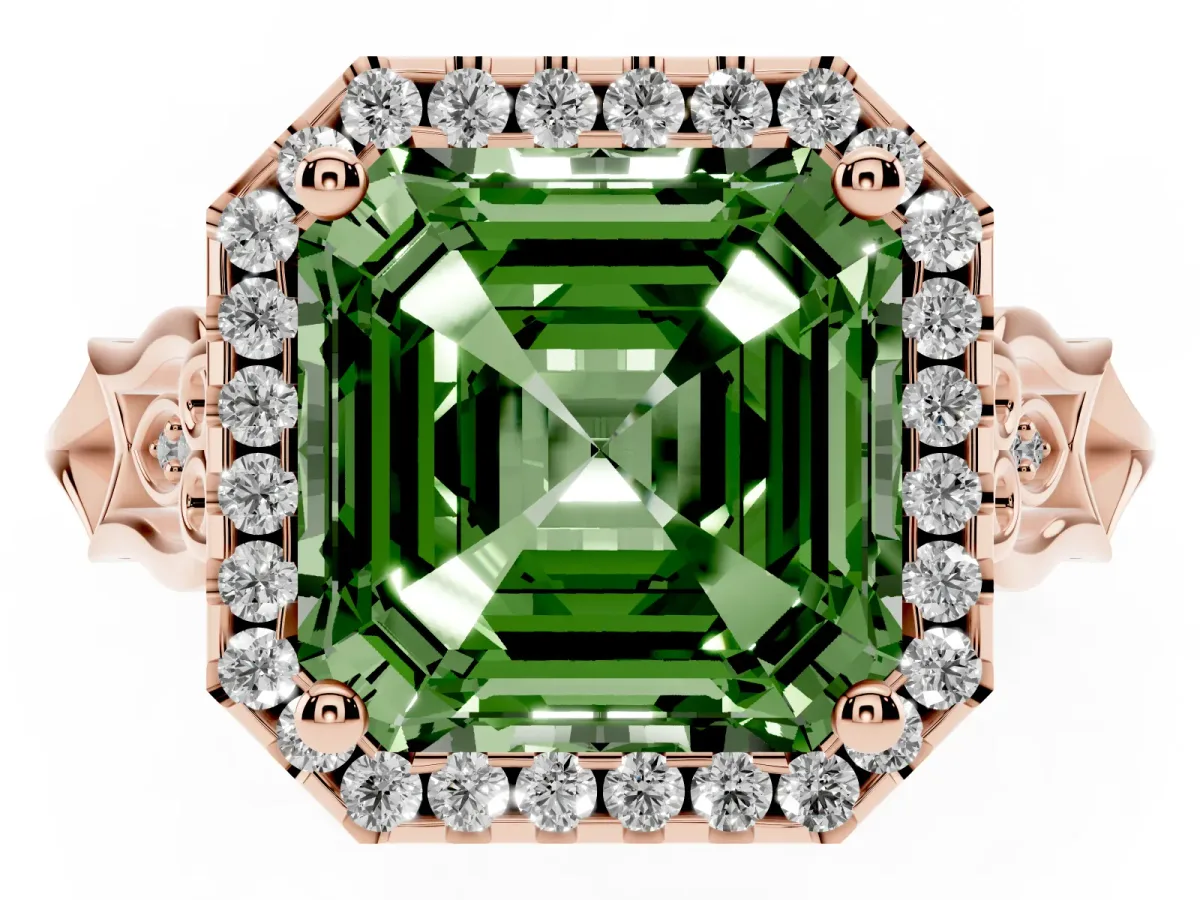 Fancy Green Asscher Cut Halo Diamond Engagement Ring with Filigree Band and Four-Prong Setting Rose gold