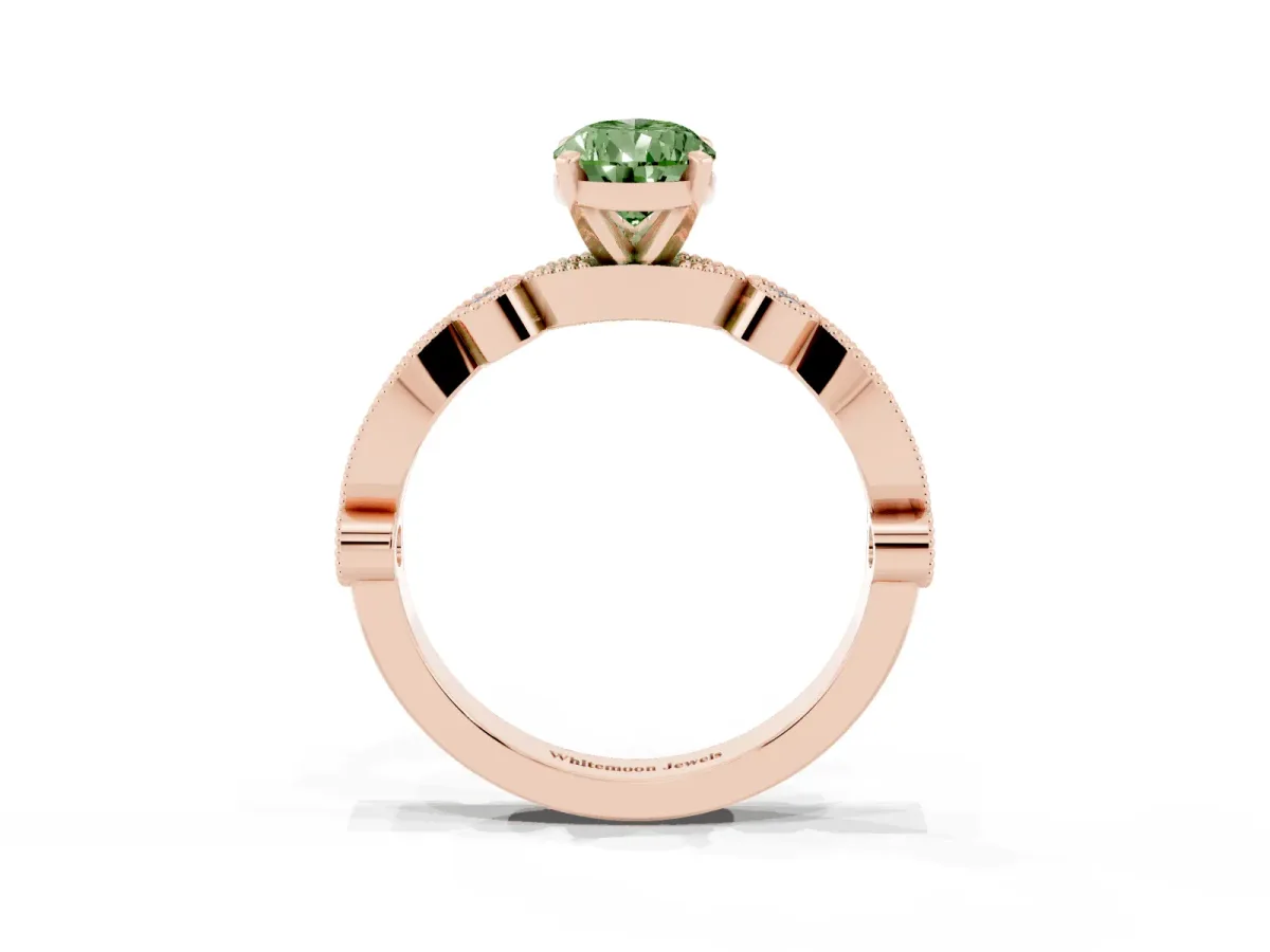 Fancy Green Pear Cut Milgrain Bezel Diamond Engagement Ring with Solitaire Prong Setting Rose gold