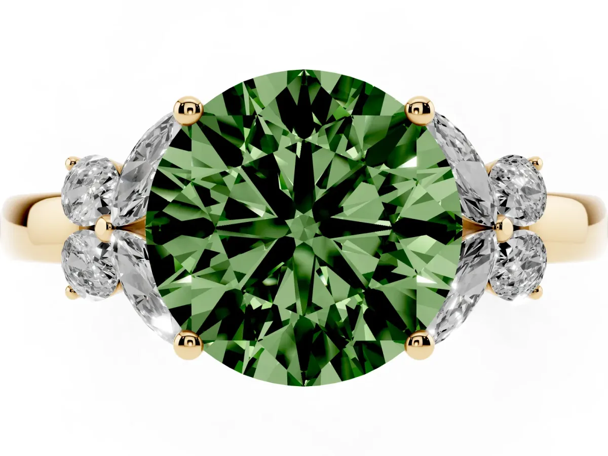 Fancy Green Round Cut Cut Solitaire Floral Diamond Ring with Four-Prong Setting Yellow gold