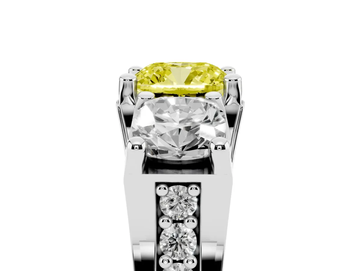 Fancy Yellow Cushion Cut Diamond Three-Stone Ring with Channel Set Band and Four-Prong Setting Silver