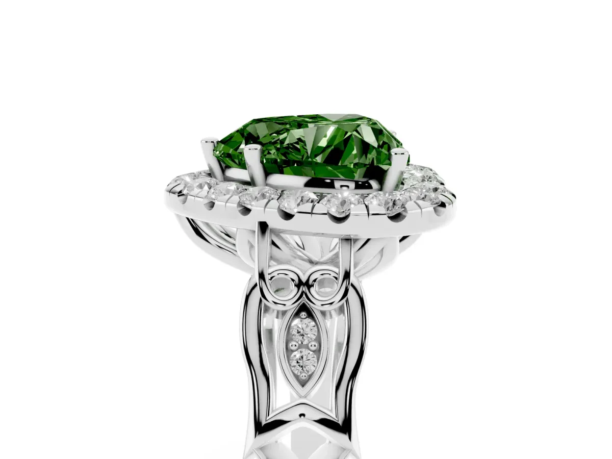 Fancy Green Heart Cut Halo Diamond Engagement Ring with Filigree Band and Four-Prong Setting Silver