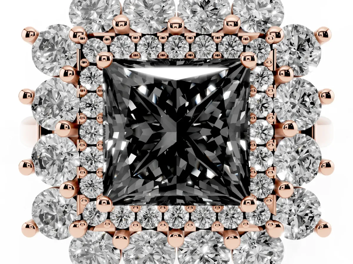 Fancy Black Princess Cut Diamond Floral Double Halo Engagement Ring with Prong Setting Rose gold