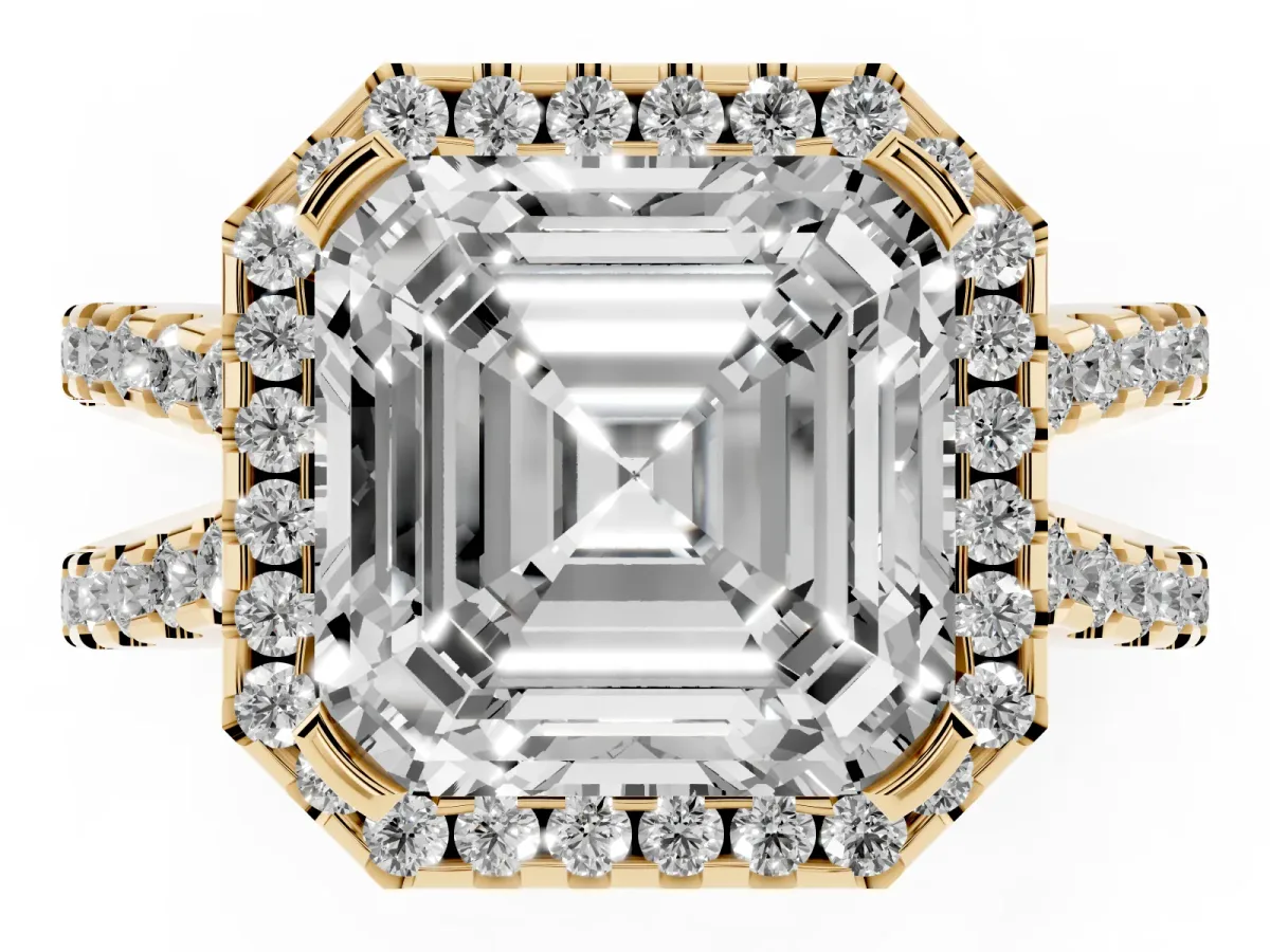 Asscher Cut Diamond Halo Ring with Split Shank Pavé Band and Prong Setting Yellow gold