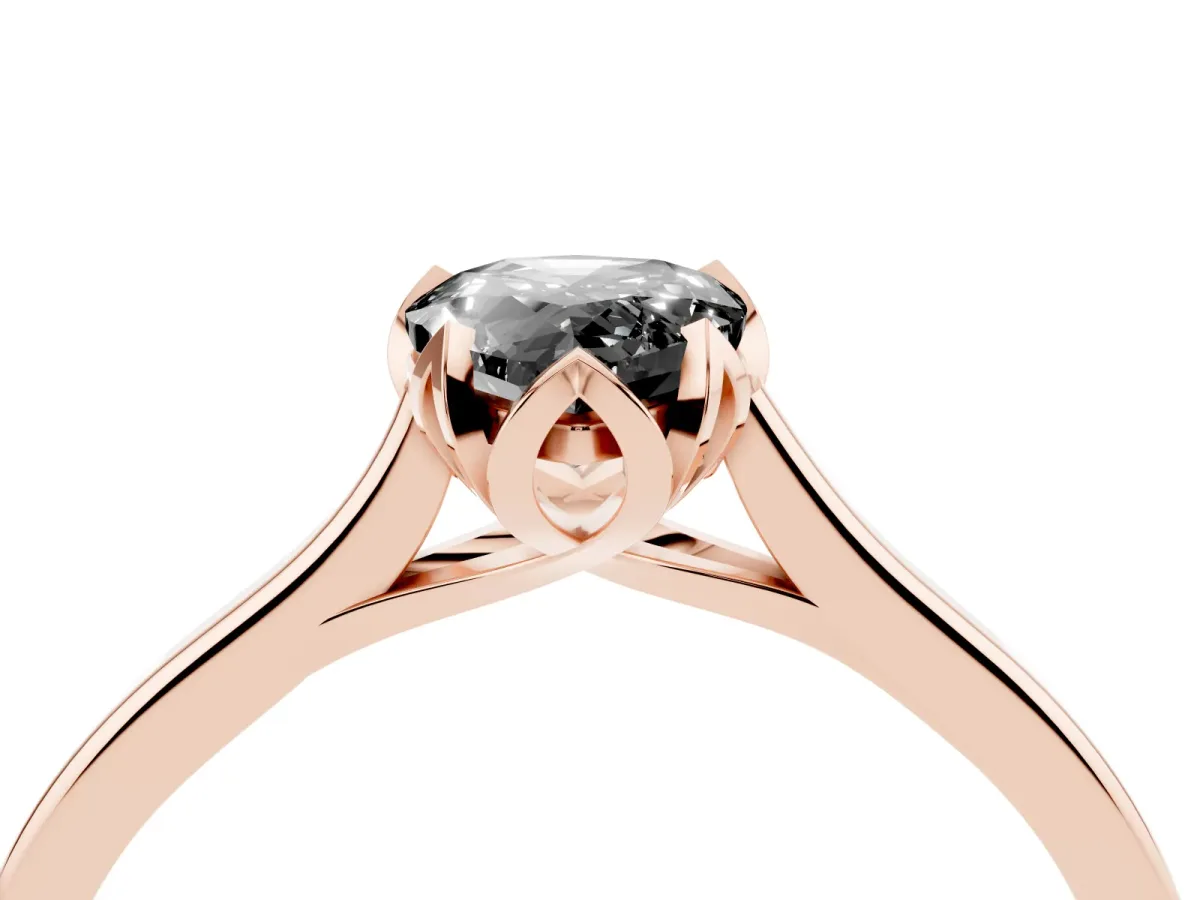 Fancy Black Pear Cut Diamond Solitaire Ring with Flower Prong Setting and Classic Band Rose gold