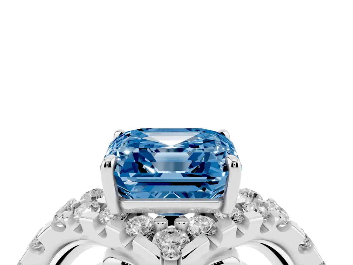 Fancy Blue Asscher Cut Diamond Solitaire Ring with Hidden Halo and Pavé Band Platinum