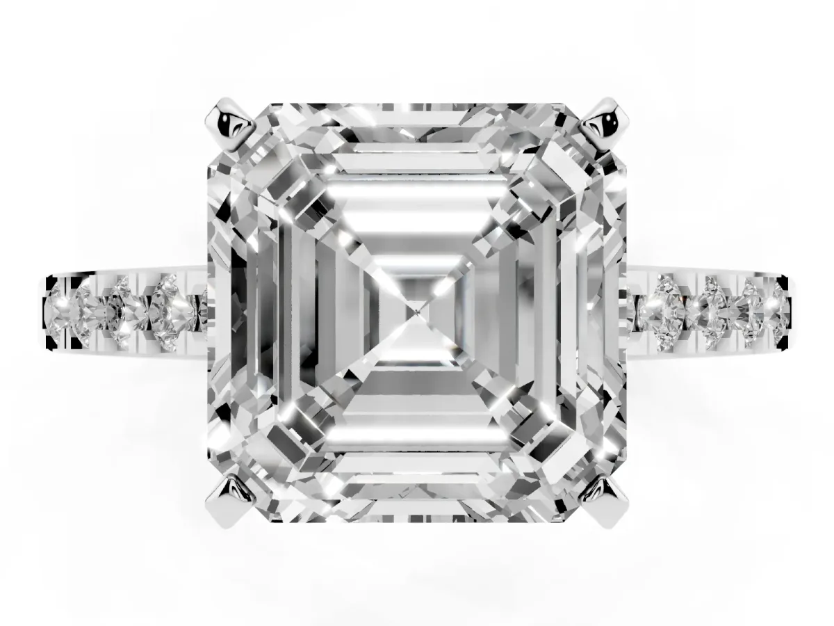 Asscher Cut Diamond Solitaire Ring with Crossover Gallery and Round Pavé Band White gold