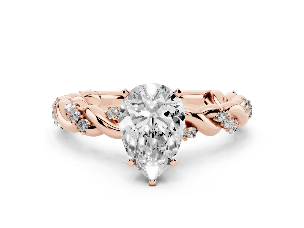 Pear Cut Diamond Solitaire Ring with Twisted Band and Pavé Accents Rose gold