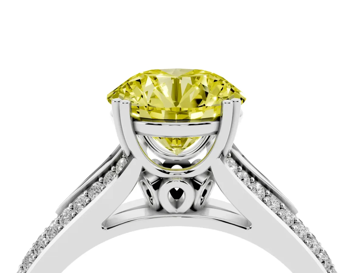 Fancy Yellow Round Cut Diamond Split Shank Engagement Ring with Pavé Band Silver