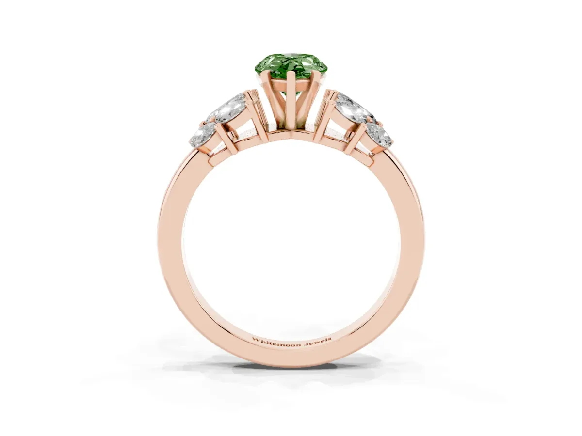 Fancy Green Pear Cut Diamond Cluster Leaf Design Ring with Prong Setting Rose gold