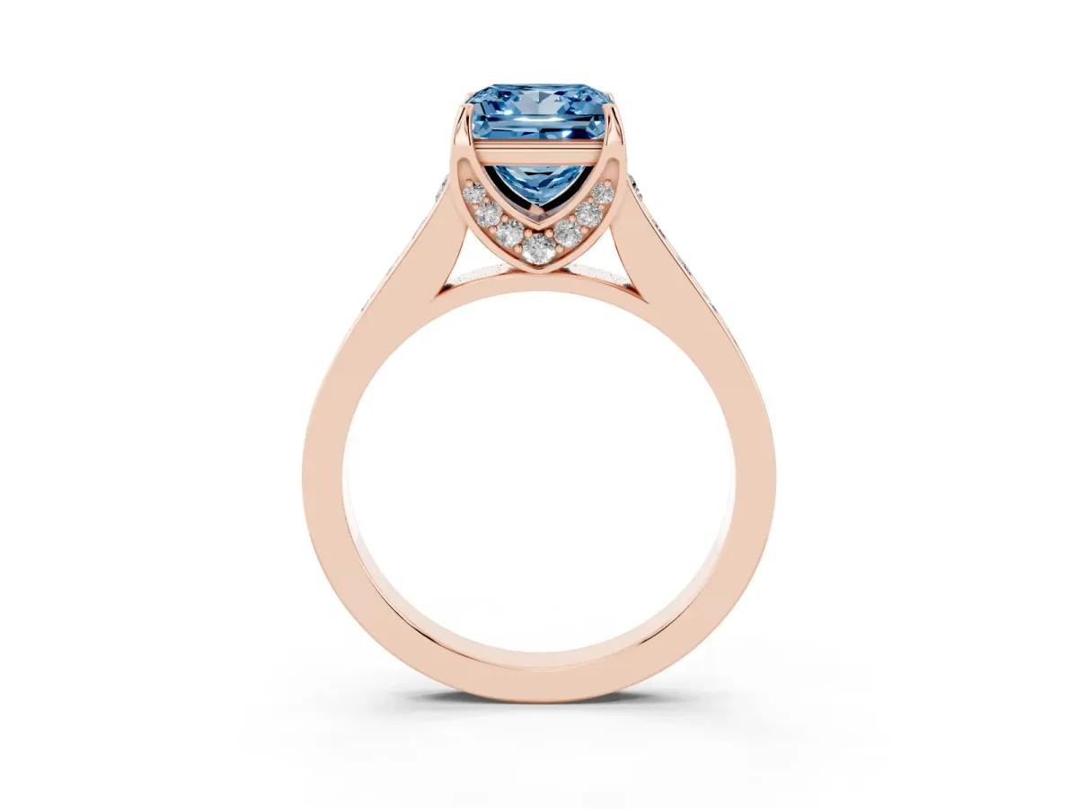 Fancy Blue Princess Cut Brilliant Cut Diamond Engagement Ring with Pavé Band and Four-Prong Setting Rose gold