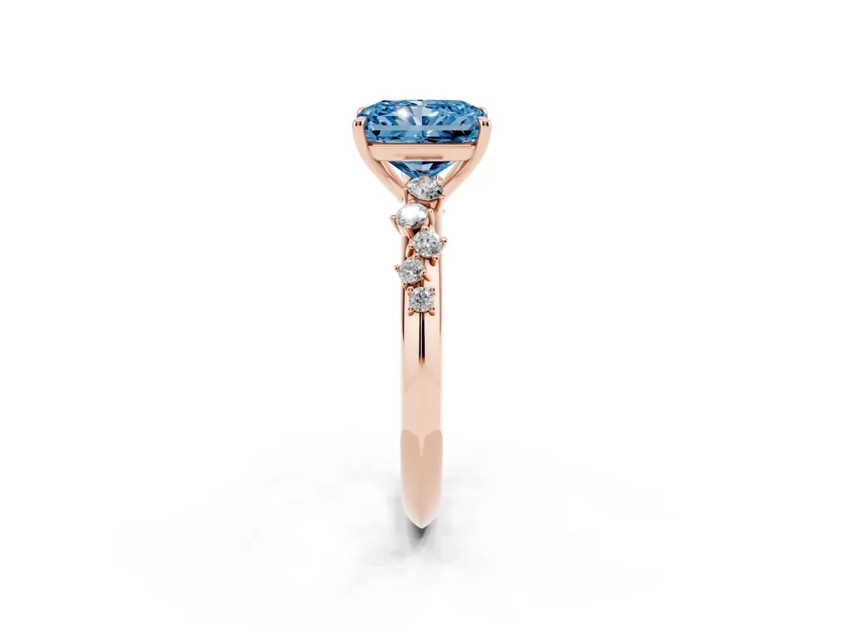 Fancy Blue Radiant Cut Diamond Cluster Side Stone Solitaire Ring with Prong Setting Rose gold