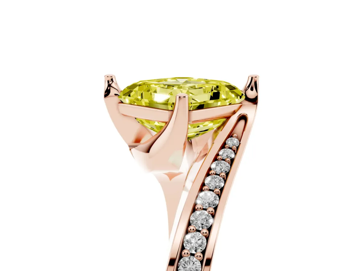 Fancy Yellow Asscher Cut Solitaire Diamond Twist Band with Pavé Setting and Four-Prong Setting Rose gold