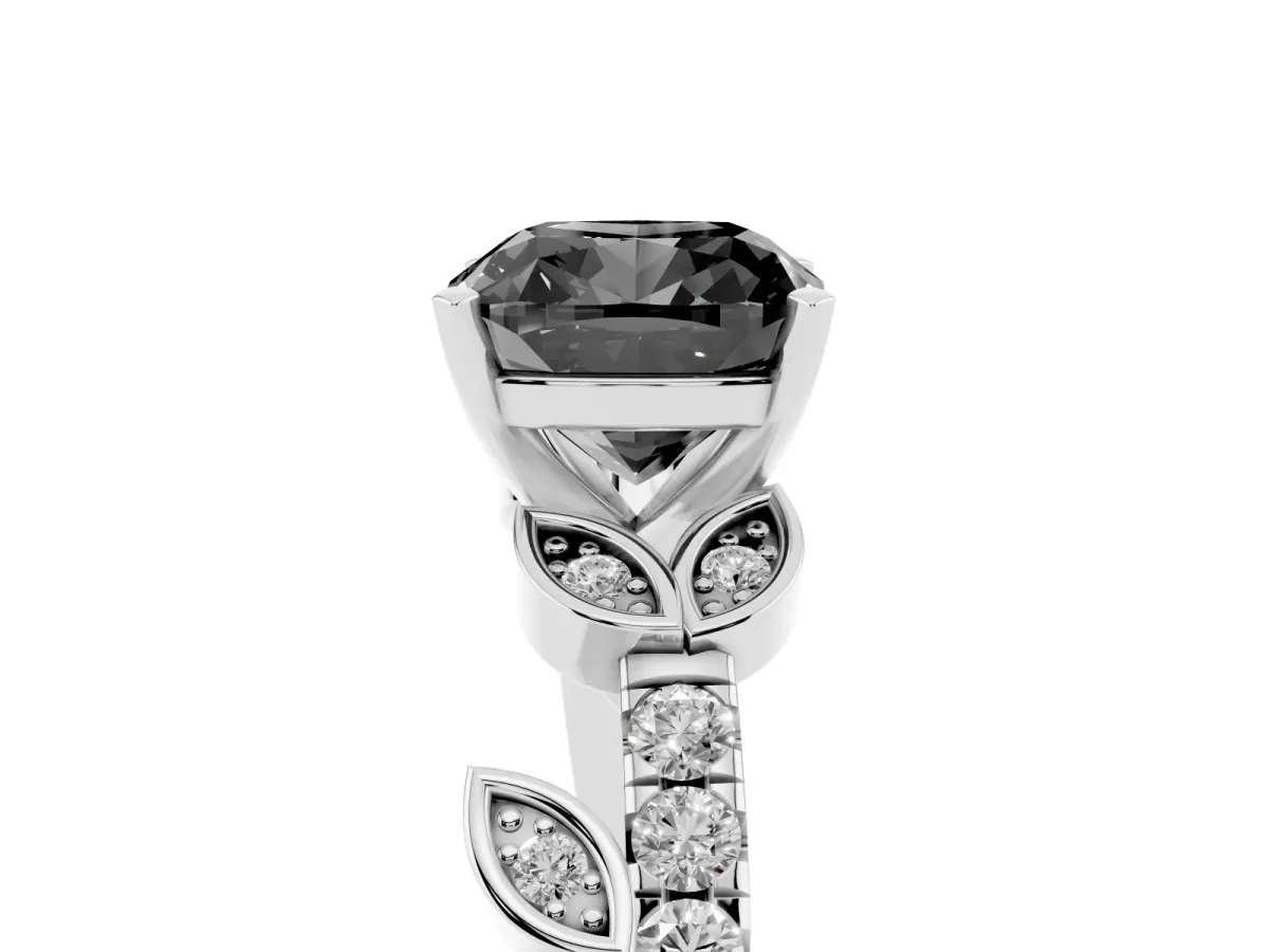 Fancy Black Cushion Cut Solitaire Leaf-Inspired Diamond Ring with Pavé Band and Four-Prong Setting Silver