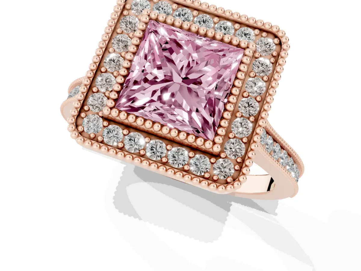Fancy Pink Princess Cut Diamond Halo Ring with Milgrain Frame and Pavé Band Rose gold