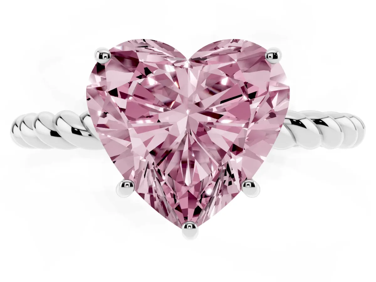 Fancy Pink Heart Cut Solitaire Twist Band Ring with Four-Prong Setting Silver