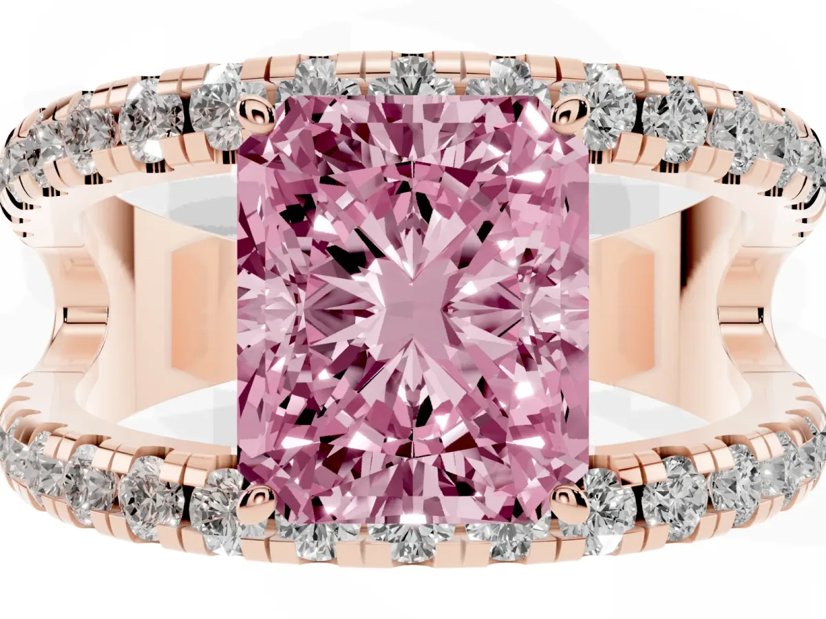 Fancy Pink Radiant Cut Solitaire Split Shank Pave Diamond Ring Rose gold