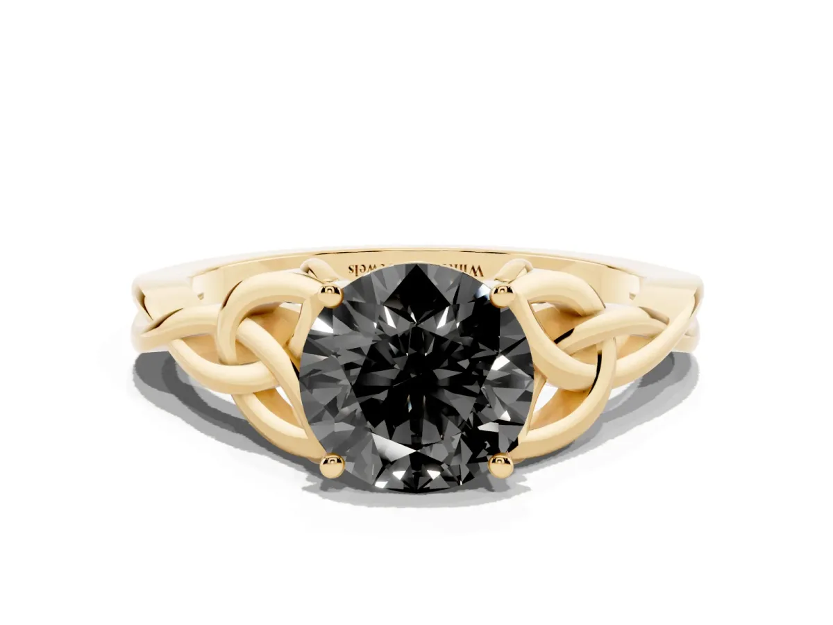 Fancy Black Round Cut Diamond Solitaire Engagement Ring with Celtic Knot Band and Four-Prong Setting Yellow gold