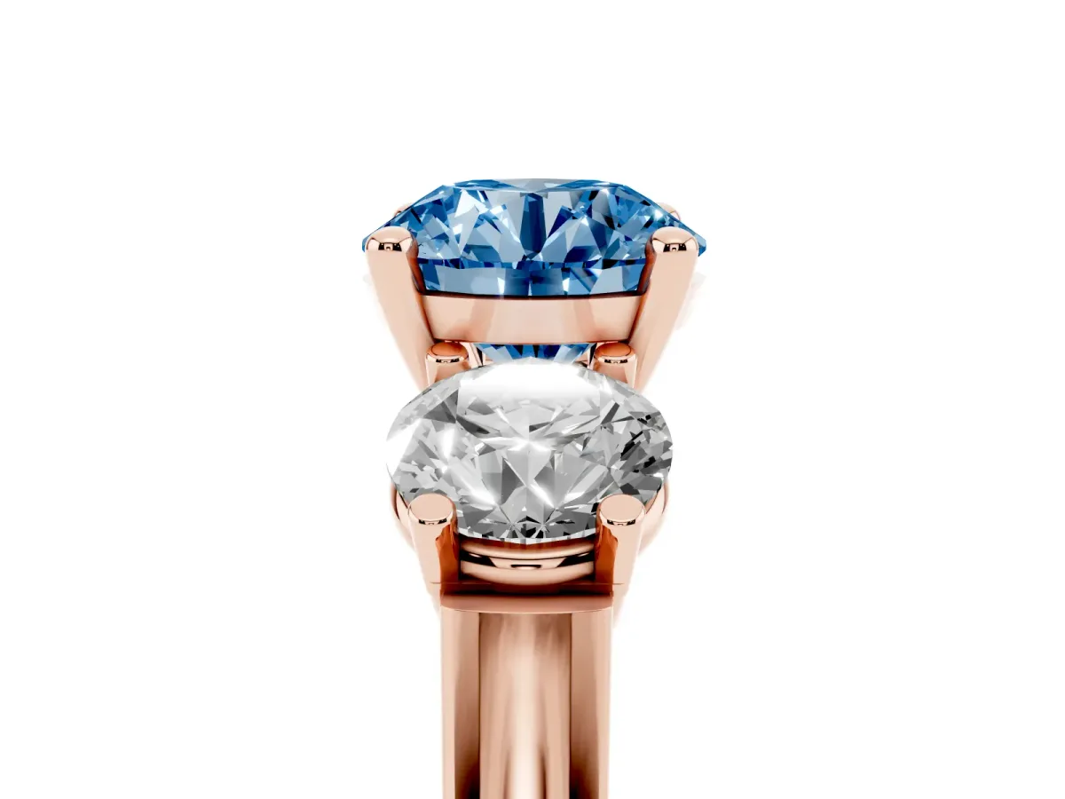 Fancy Blue Three-Stone Round Cut Brilliant Diamond Trellis Ring with Comfort Fit Band Rose gold