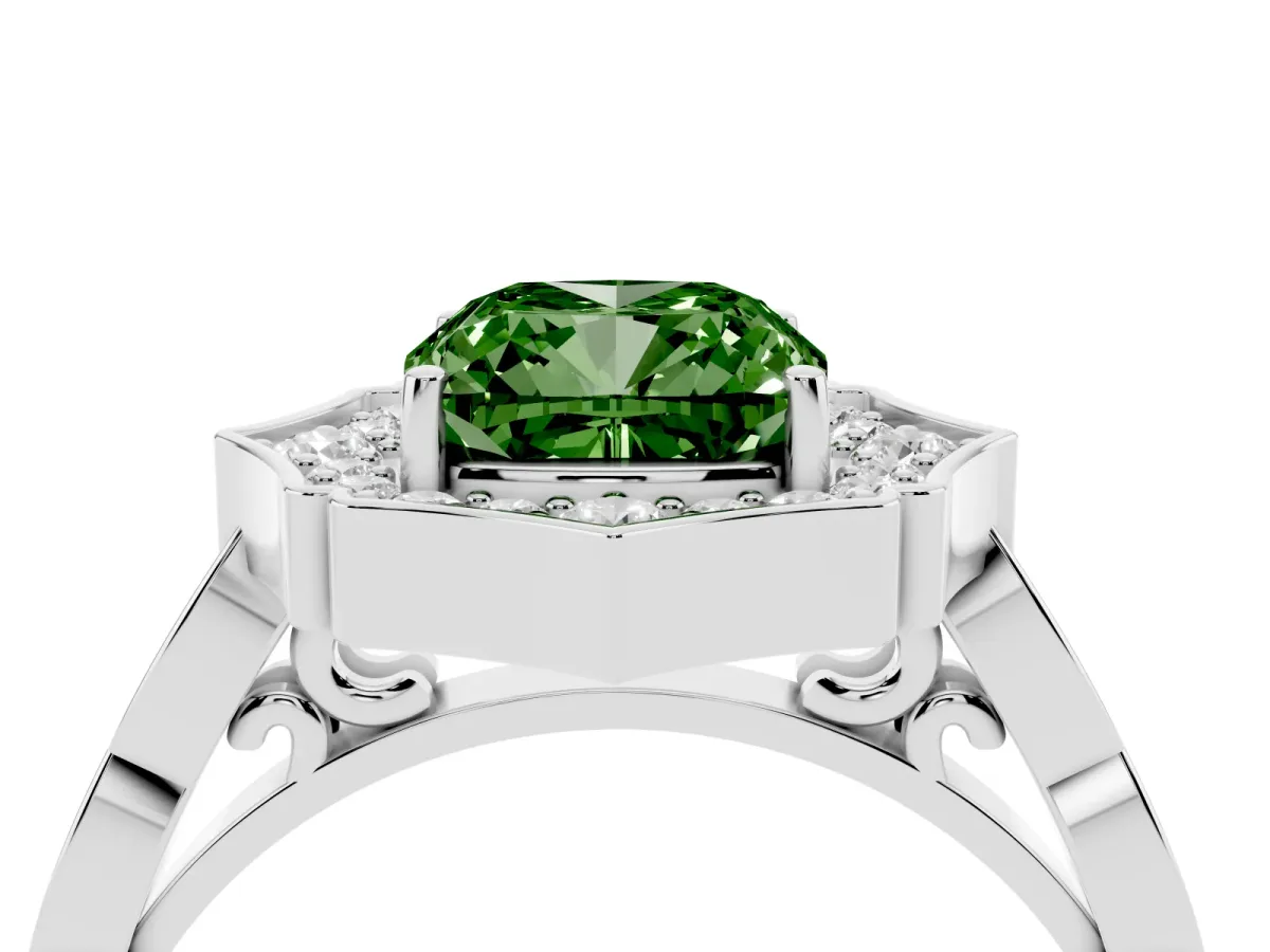 Fancy Green Cushion Cut Halo Diamond Engagement Ring with Milgrain Band and Four-Prong Setting White gold