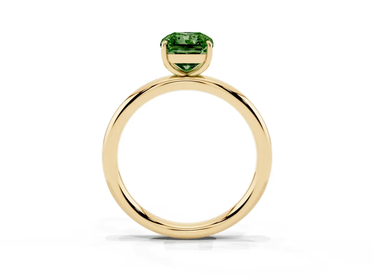 Fancy Green Radiant Cut Solitaire Diamond Ring with Four-Prong Setting on a Plain Band Yellow gold