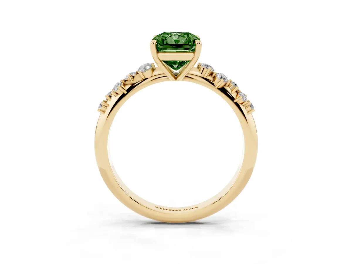 Fancy Green Radiant Cut Diamond Cluster Side Stone Solitaire Ring with Prong Setting Yellow gold