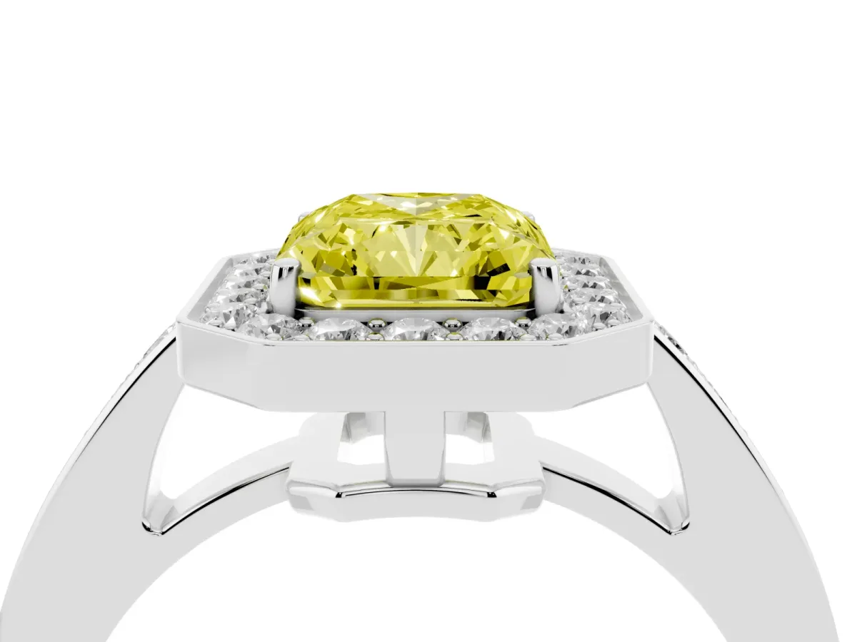 Fancy Yellow Radiant Cut Halo Pavé Diamond Engagement Ring with Bezel Setting Silver