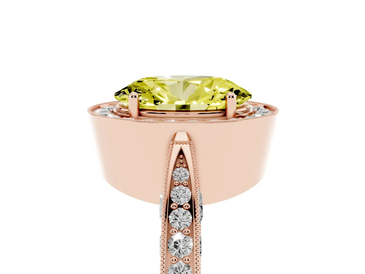 Fancy Yellow Oval Cut Halo Diamond Engagement Ring with Split Shank Band and Four-Prong Setting Rose gold