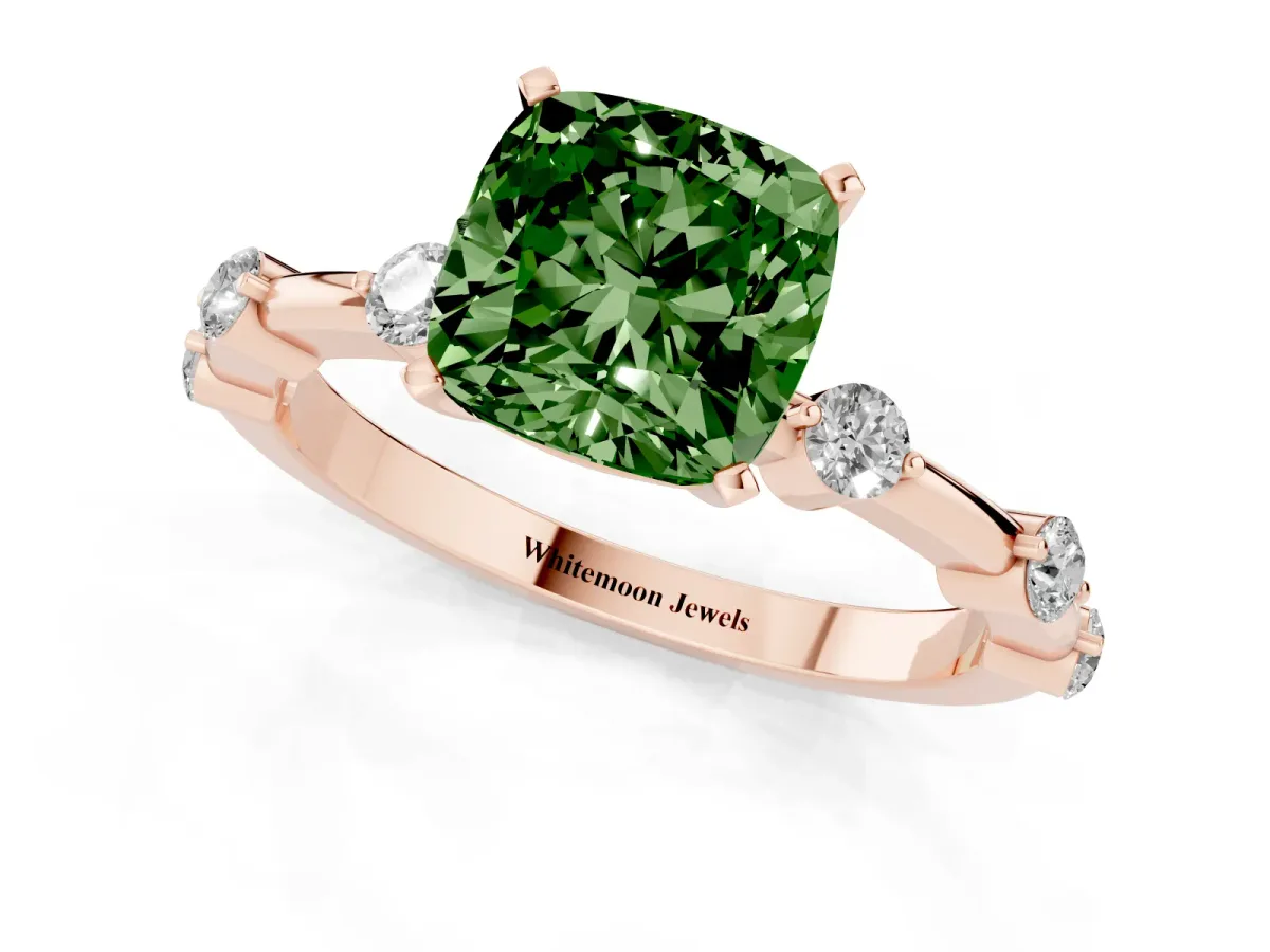 Fancy Green Cushion Cut Solitaire Diamond Ring with Bezel Set Side Stones and Prong Setting Rose gold