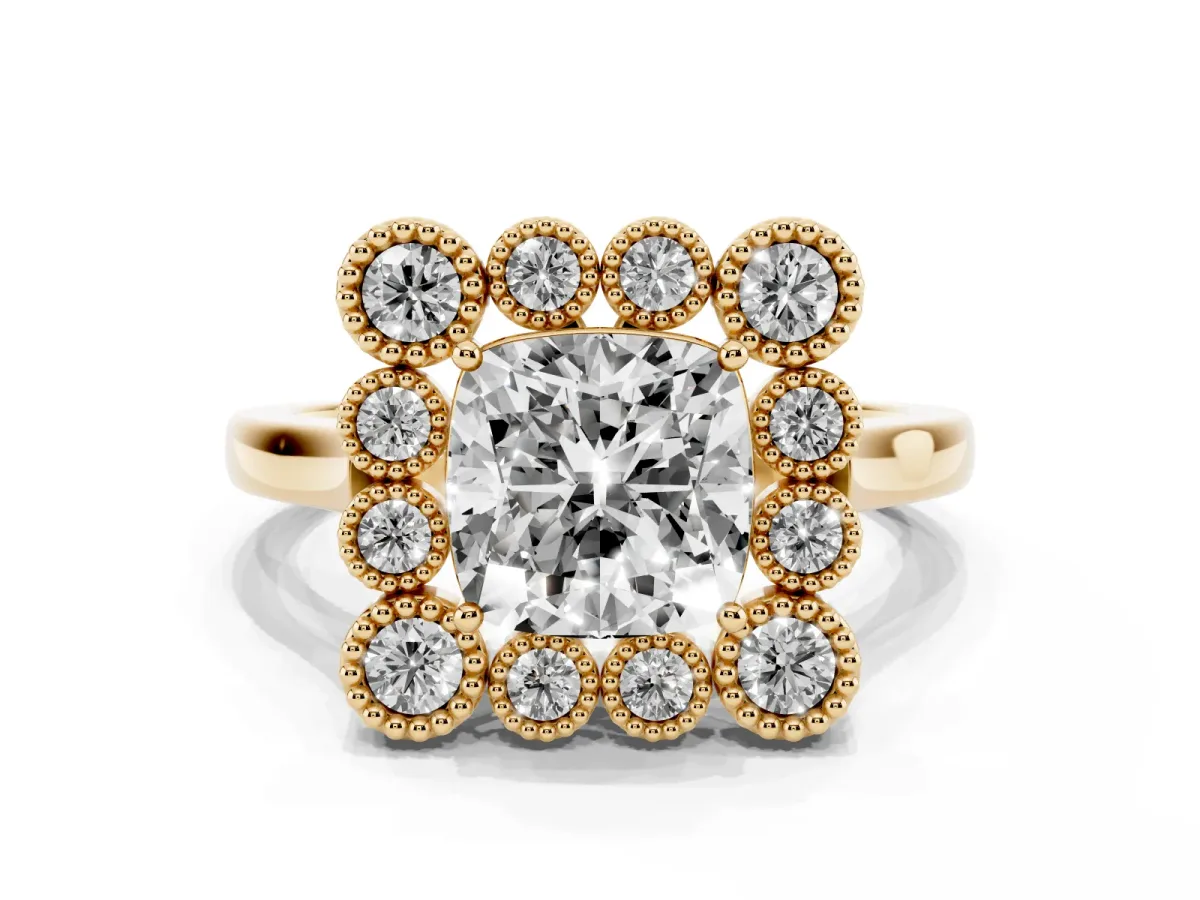 Cushion Cut Halo Diamond Cluster Engagement Ring with Milgrain Bezel Setting and Solitaire Band Yellow gold