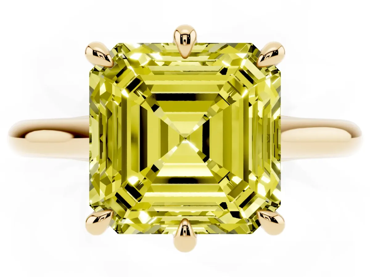 Fancy Yellow Asscher Cut Solitaire Engagement Ring with Six-Prong Setting and Classic Band Yellow gold