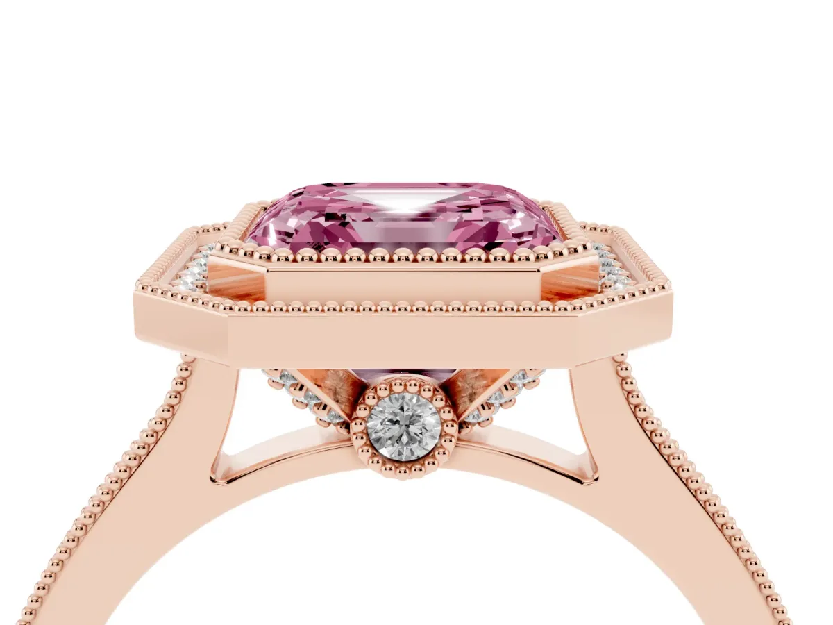 Fancy Pink Halo Asscher Cut-Cut Diamond Pave Band Milgrain Prong Setting Ring Rose gold