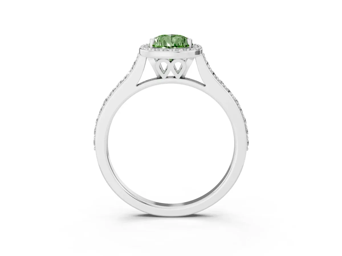 Fancy Green Pear Cut Diamond Halo Engagement Ring with Round Pavé Shoulders and Prong Setting White gold