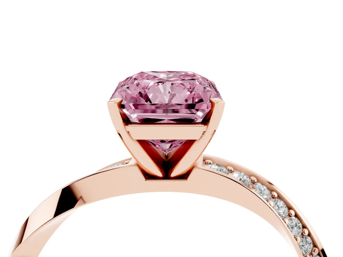 Fancy Pink Radiant Cut Diamond Engagement Ring with Side Stone Accents and Four-Prong Setting Rose gold