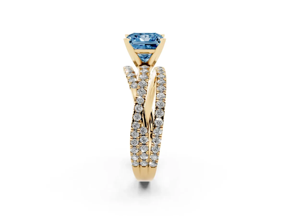 Fancy Blue Princess Cut Solitaire Twist Band with Pavé Setting and Four-Prong Setting Yellow gold