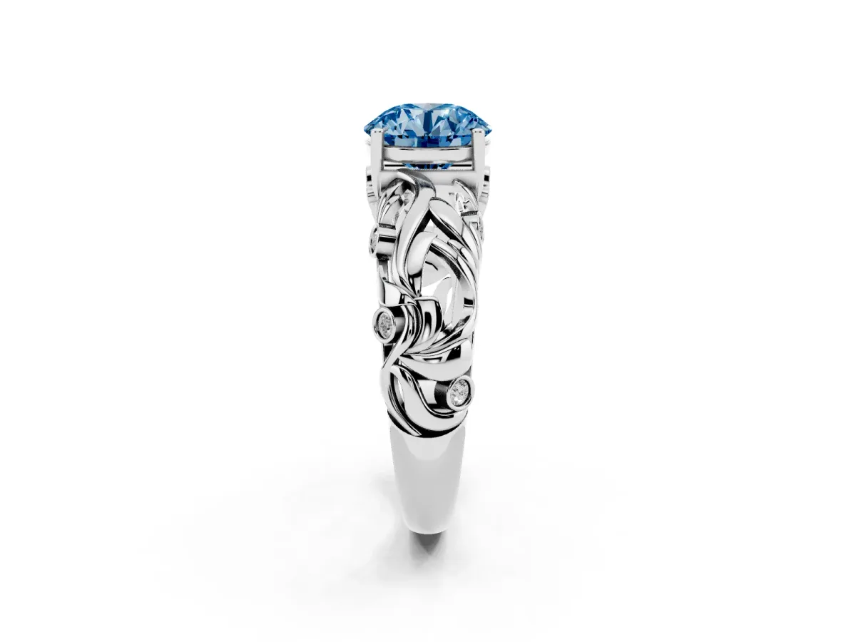Fancy Blue Round Cut Solitaire Diamond Leaf-Inspired Vine Band Ring with Prong Setting Silver