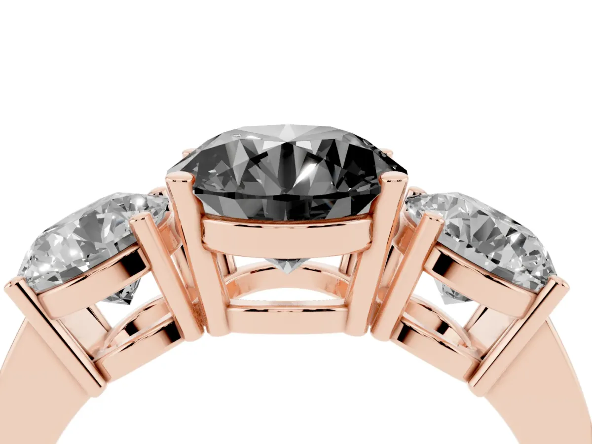 Fancy Black Three-Stone Round Cut Cut Diamond Engagement Ring with Flat Band and Four-Prong Setting Rose gold