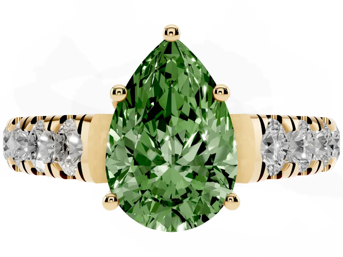 Fancy Green Pear Cut Cut Diamond Solitaire Ring with Micro Pave Band and Prong Setting Yellow gold